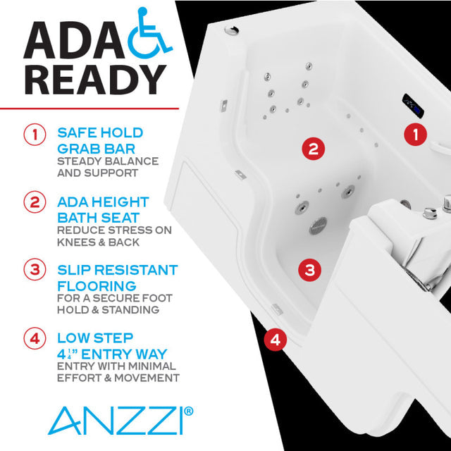 Anzzi 2953WCLWD  Left Drain FULLY LOADED Wheelchair Access Walk-in Tub with Air and Whirlpool Jets Hot Tub | Quick Fill Waterfall Tub Filler with 6 Setting Handheld Shower Sprayer