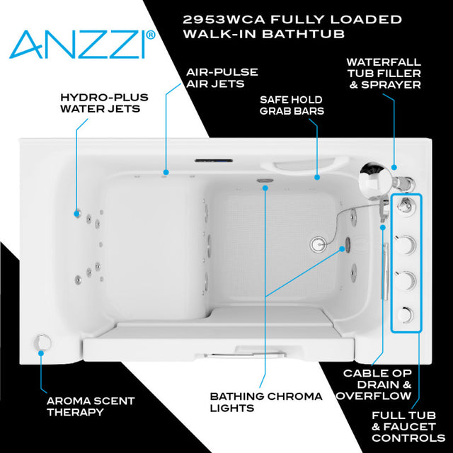 Anzzi 2953WCRWD  Right Drain FULLY LOADED Wheelchair Access Walk-in Tub with Air and Whirlpool Jets Hot Tub | Quick Fill Waterfall Tub Filler with 6 Setting Handheld Shower Sprayer