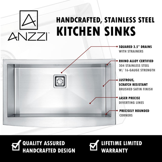 Anzzi K-AZ3320-1AS  Elysian Farmhouse Stainless Steel 32 in. 0-Hole Single Bowl Kitchen Sink in Brushed Satin