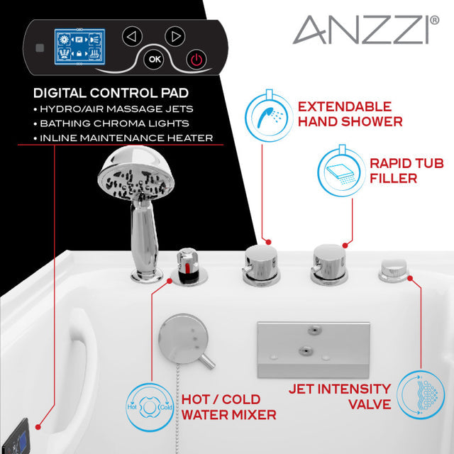 Anzzi 2953WCRWD  Right Drain FULLY LOADED Wheelchair Access Walk-in Tub with Air and Whirlpool Jets Hot Tub | Quick Fill Waterfall Tub Filler with 6 Setting Handheld Shower Sprayer